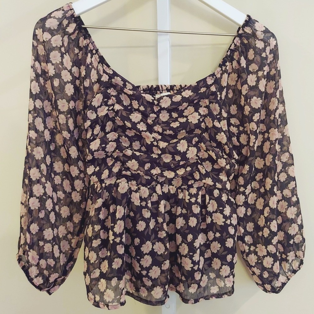 American Eagle Small Floral Peasant Blouse Top Sheer Ballon Sleeve Cottage Fairy